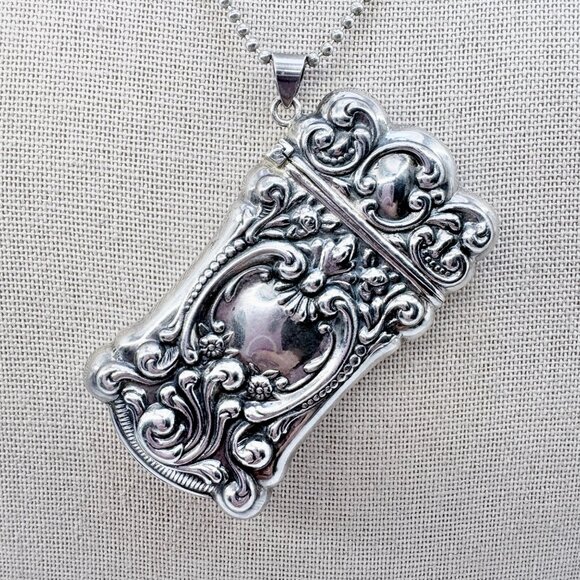 Antique Sterling Silver Repoussé Scroll Design Match Box Pendant 30" Ball & Pin - Picture 2 of 16